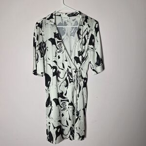 Monki Black & White Abstract Wrap Dress S Midi Tie Waist Minimalist Art Print